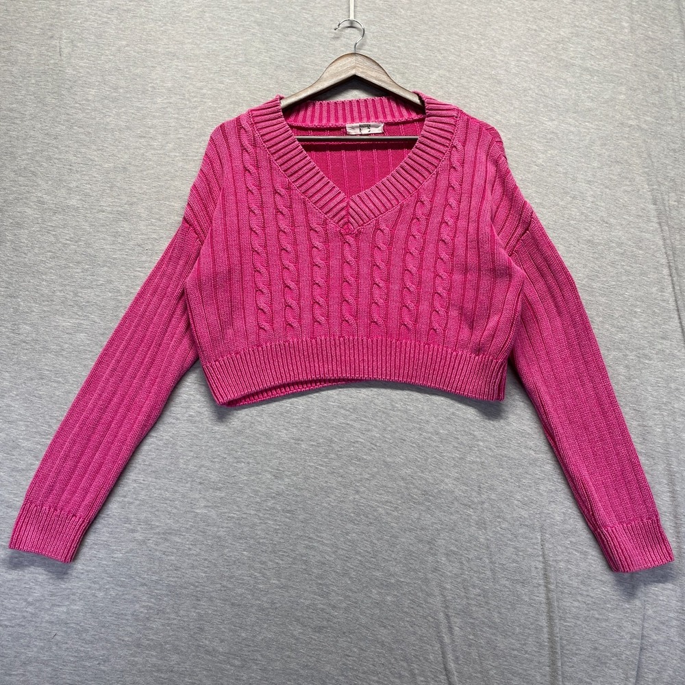 Madden NYC Cropped Sweater Womens Large Hot Pink Cotton Cable Knit Ribbed V Neck